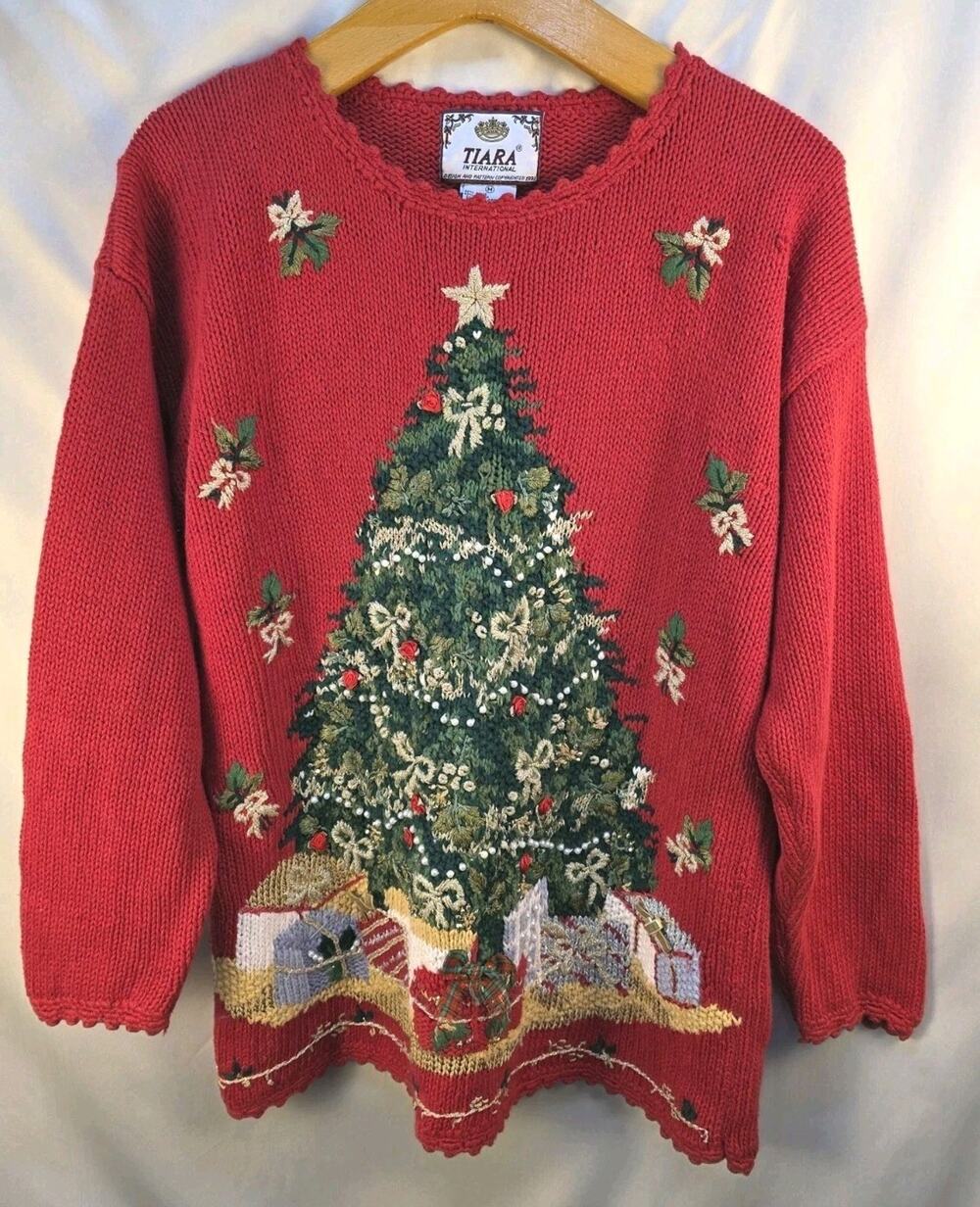 Vintage Tiara International 1998 Christmas Tree Sweater Embroidered Collectible